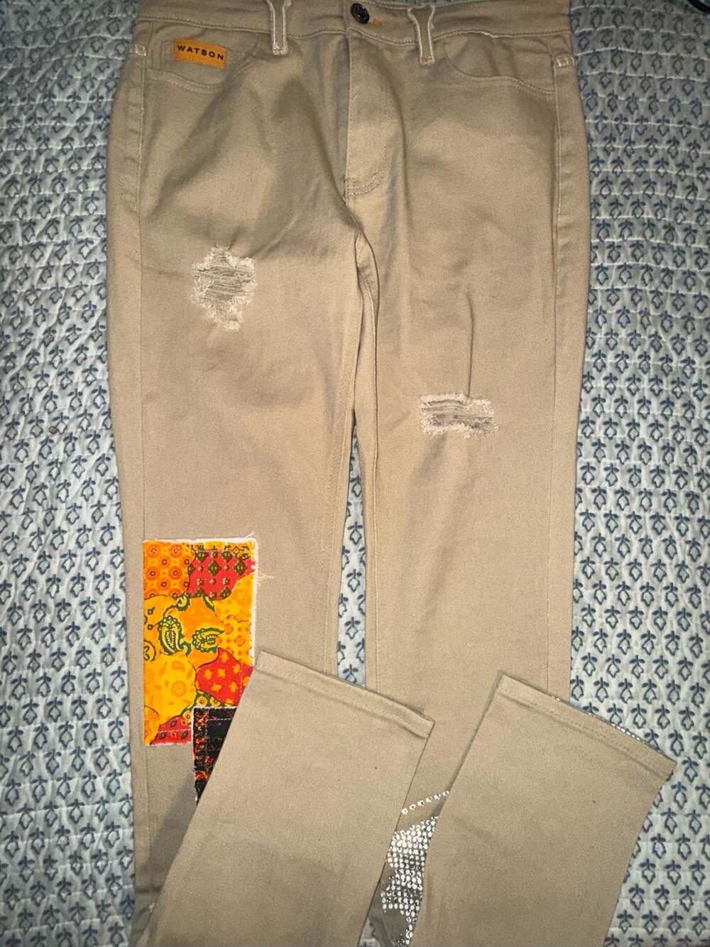 Watson Khaki Chino Pants Men's Size 32 Distressed Patched Skull Embroidered